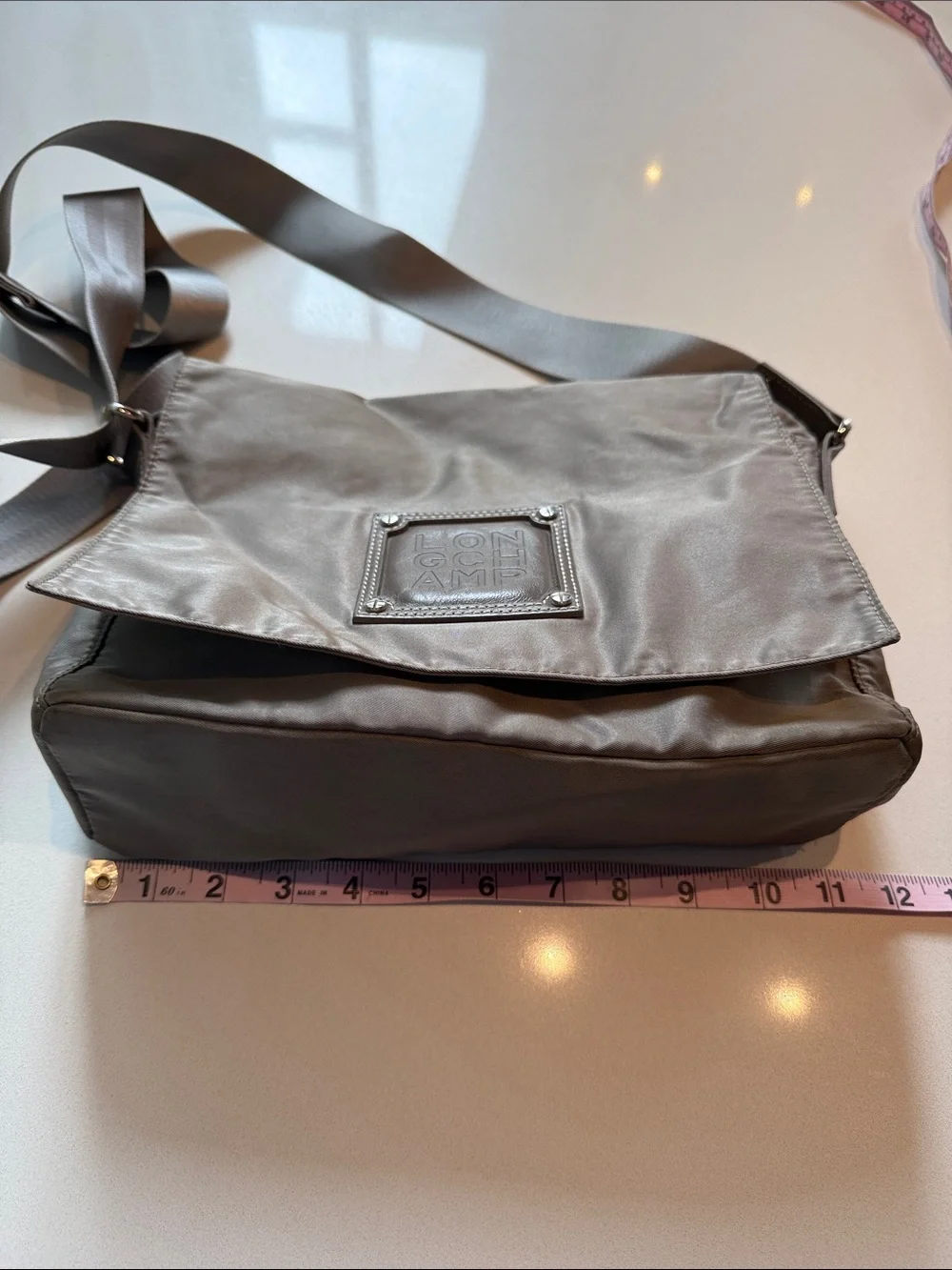 Vintage Longchamp Messenger Bag Crossbody with Branded Strap, Grey Taupe, Nylon